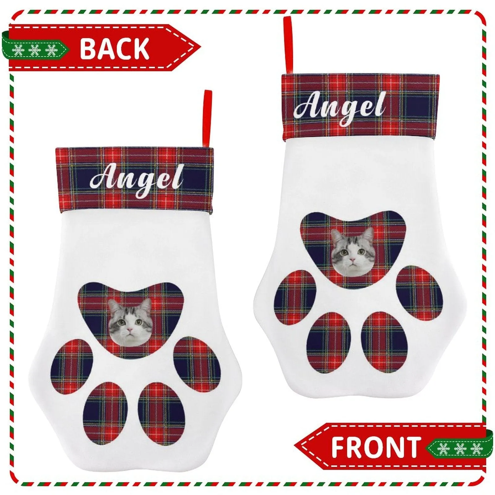 16.6in(L) Plus Size-Custom Pet Face Plaid Socks Paw Christmas Stocking Holiday Decor Gifts