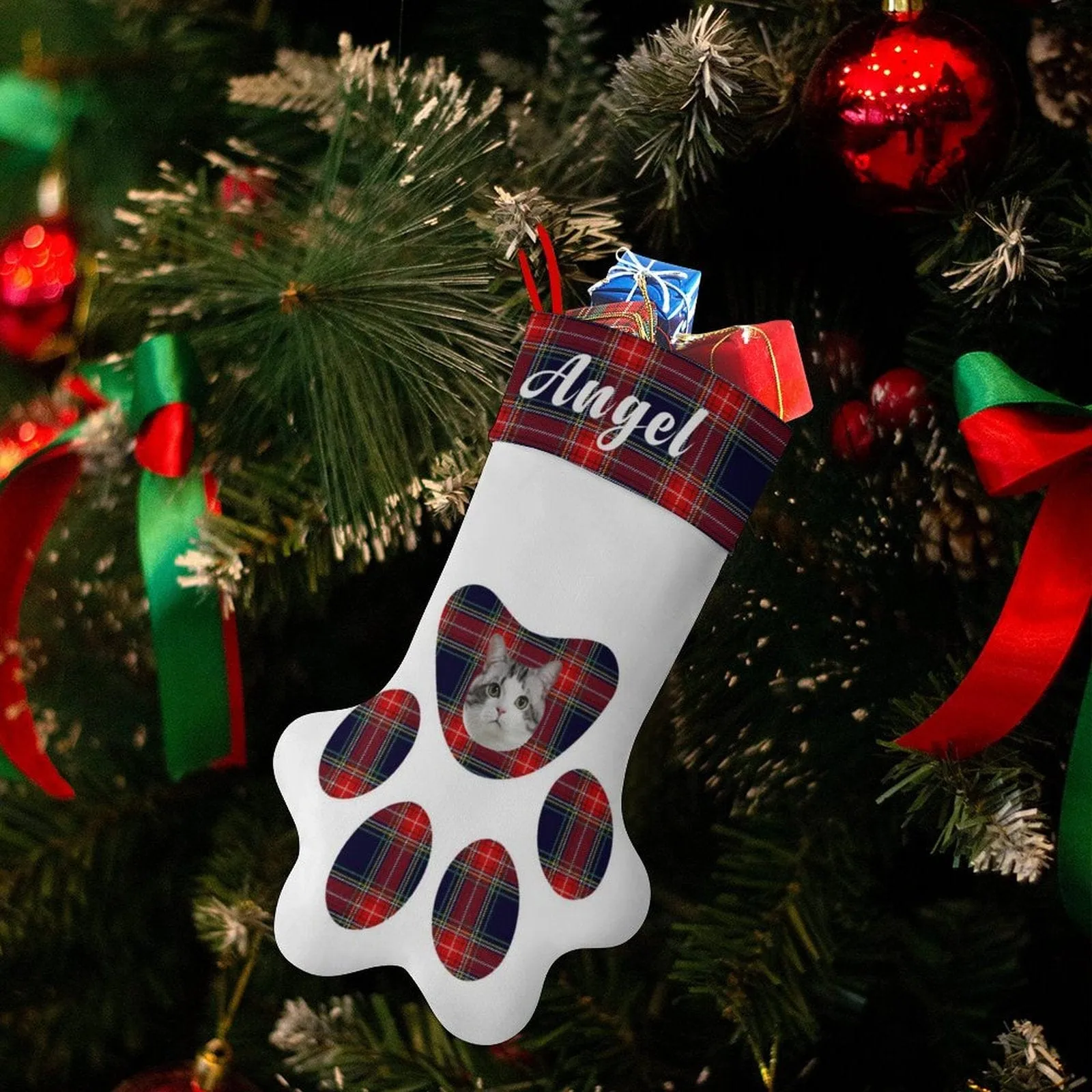 16.6in(L) Plus Size-Custom Pet Face Plaid Socks Paw Christmas Stocking Holiday Decor Gifts