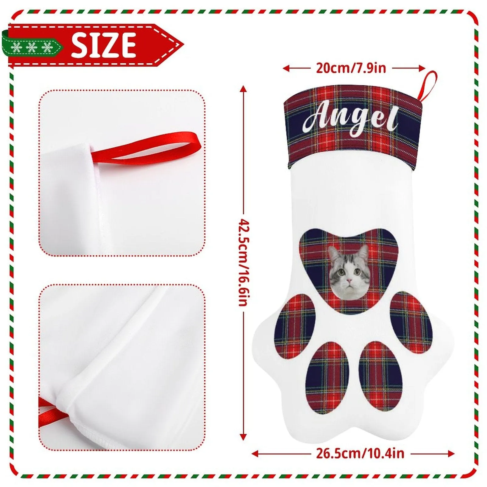 16.6in(L) Plus Size-Custom Pet Face Plaid Socks Paw Christmas Stocking Holiday Decor Gifts