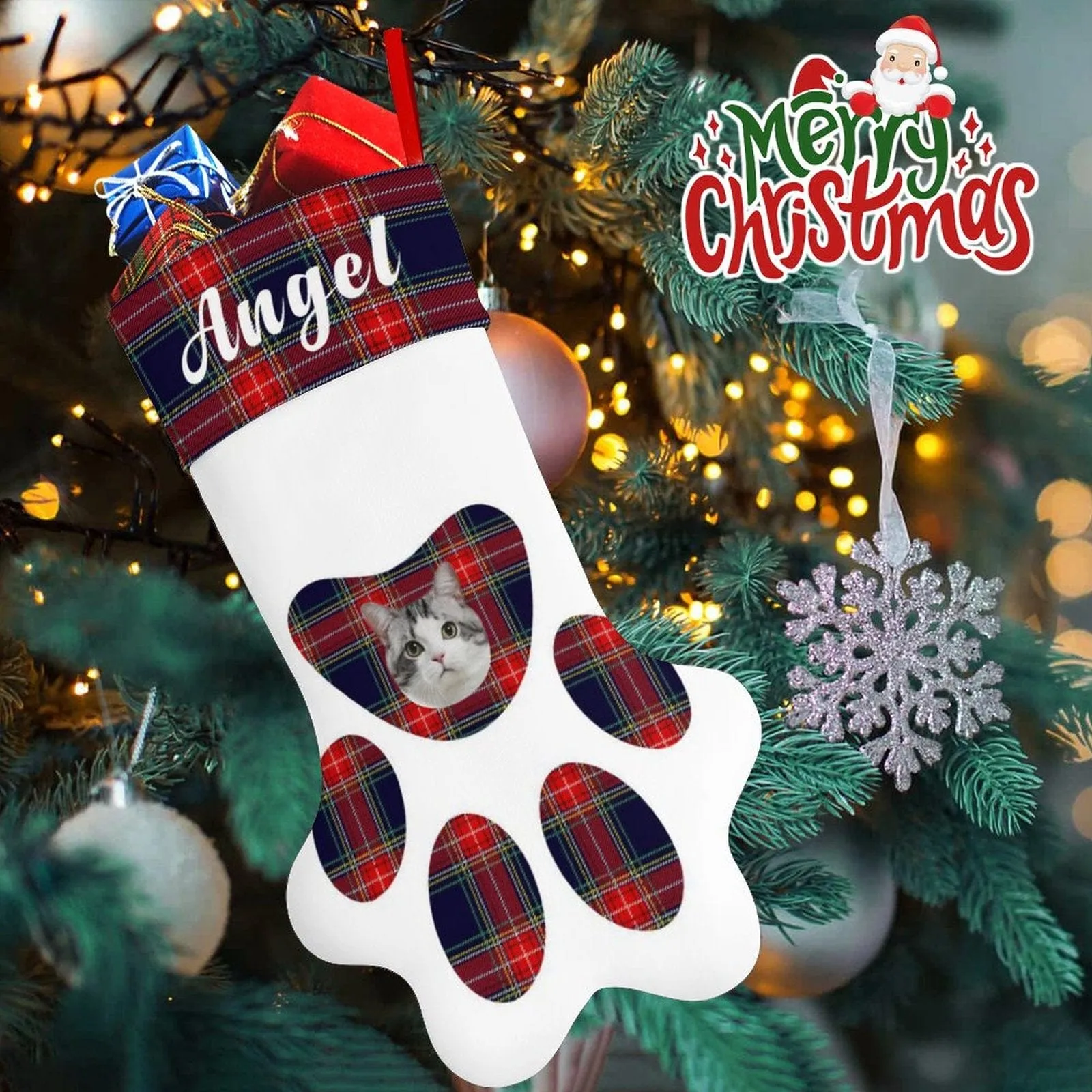 16.6in(L) Plus Size-Custom Pet Face Plaid Socks Paw Christmas Stocking Holiday Decor Gifts