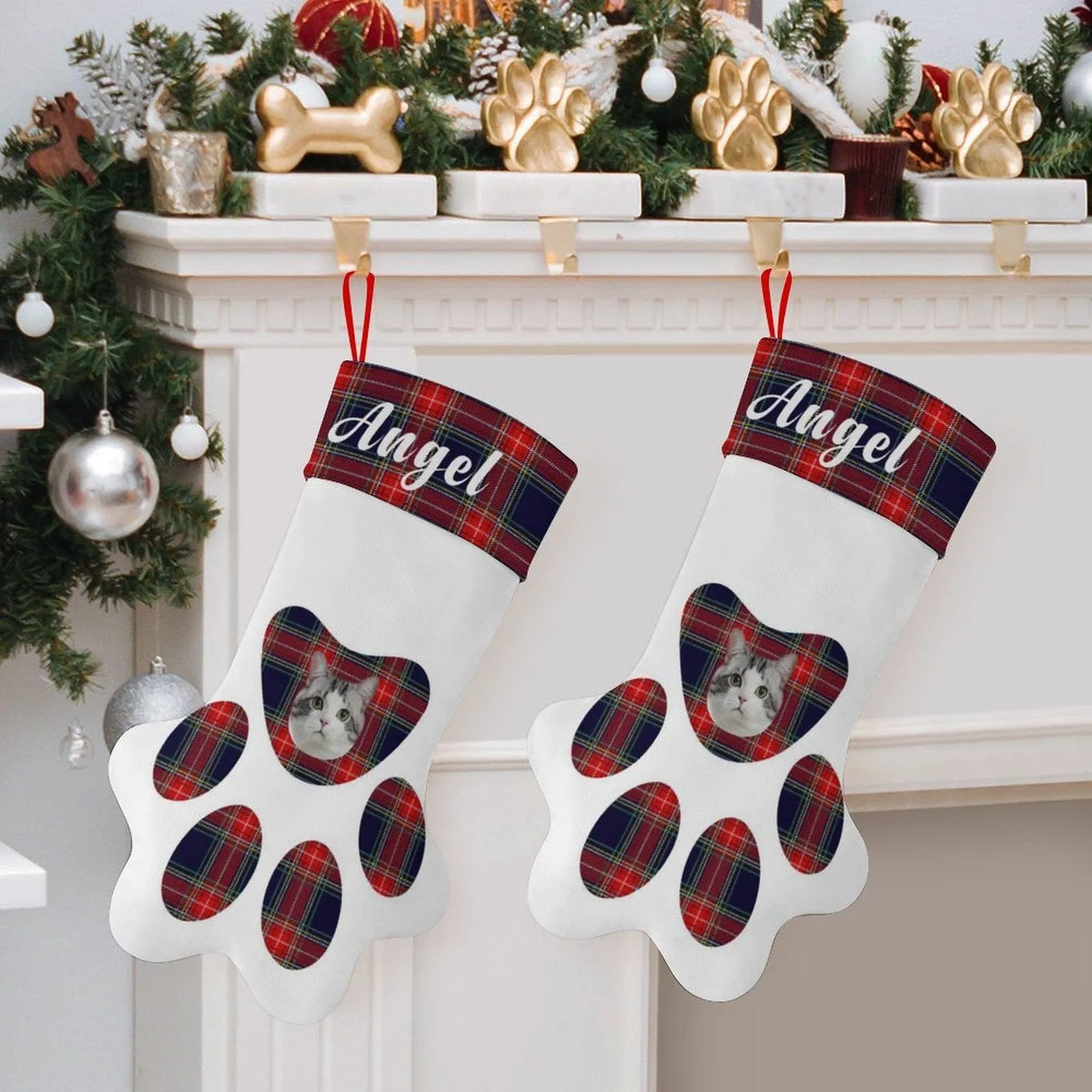 16.6in(L) Plus Size-Custom Pet Face Plaid Socks Paw Christmas Stocking Holiday Decor Gifts