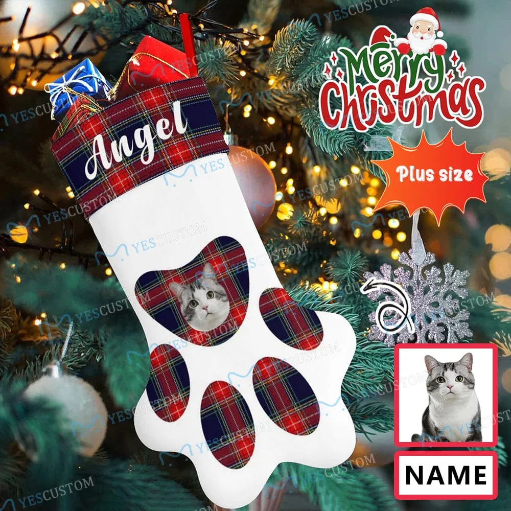 16.6in(L) Plus Size-Custom Pet Face Plaid Socks Paw Christmas Stocking Holiday Decor Gifts