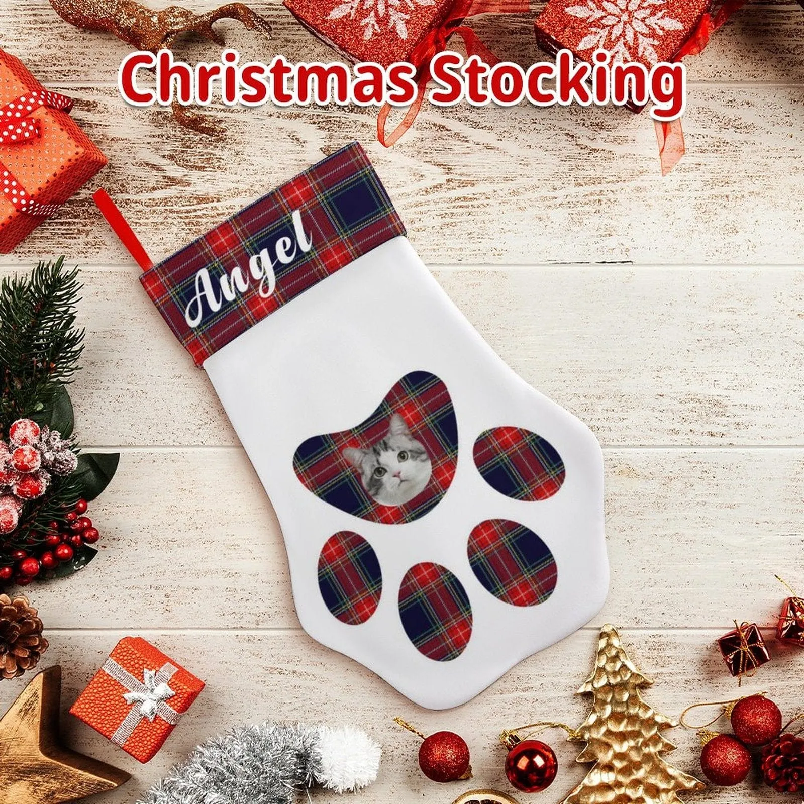 16.6in(L) Plus Size-Custom Pet Face Plaid Socks Paw Christmas Stocking Holiday Decor Gifts