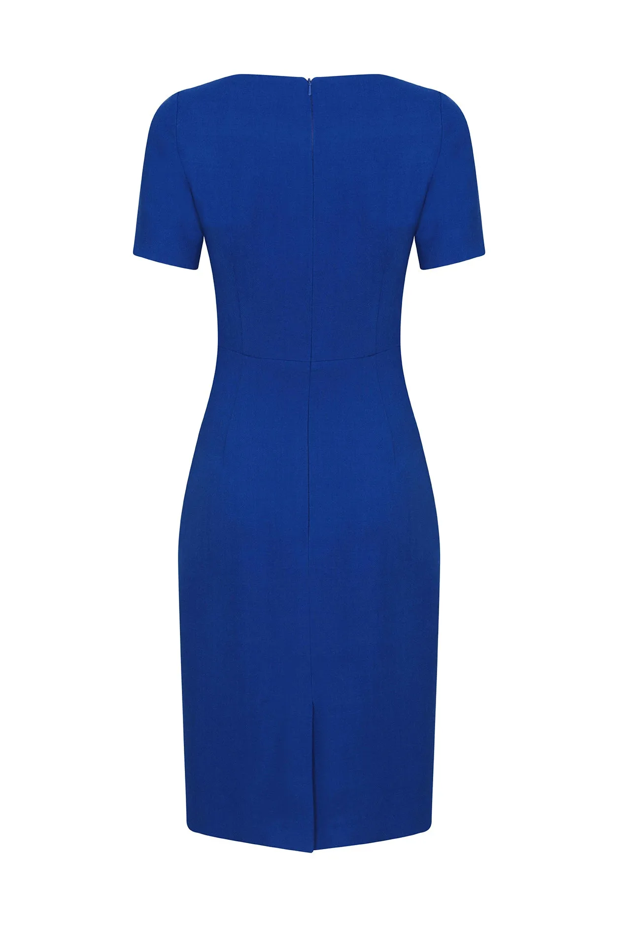 Boat Neck Shift Dress with Short Sleeves in Plain Royal Blue Wool Faille - Angie