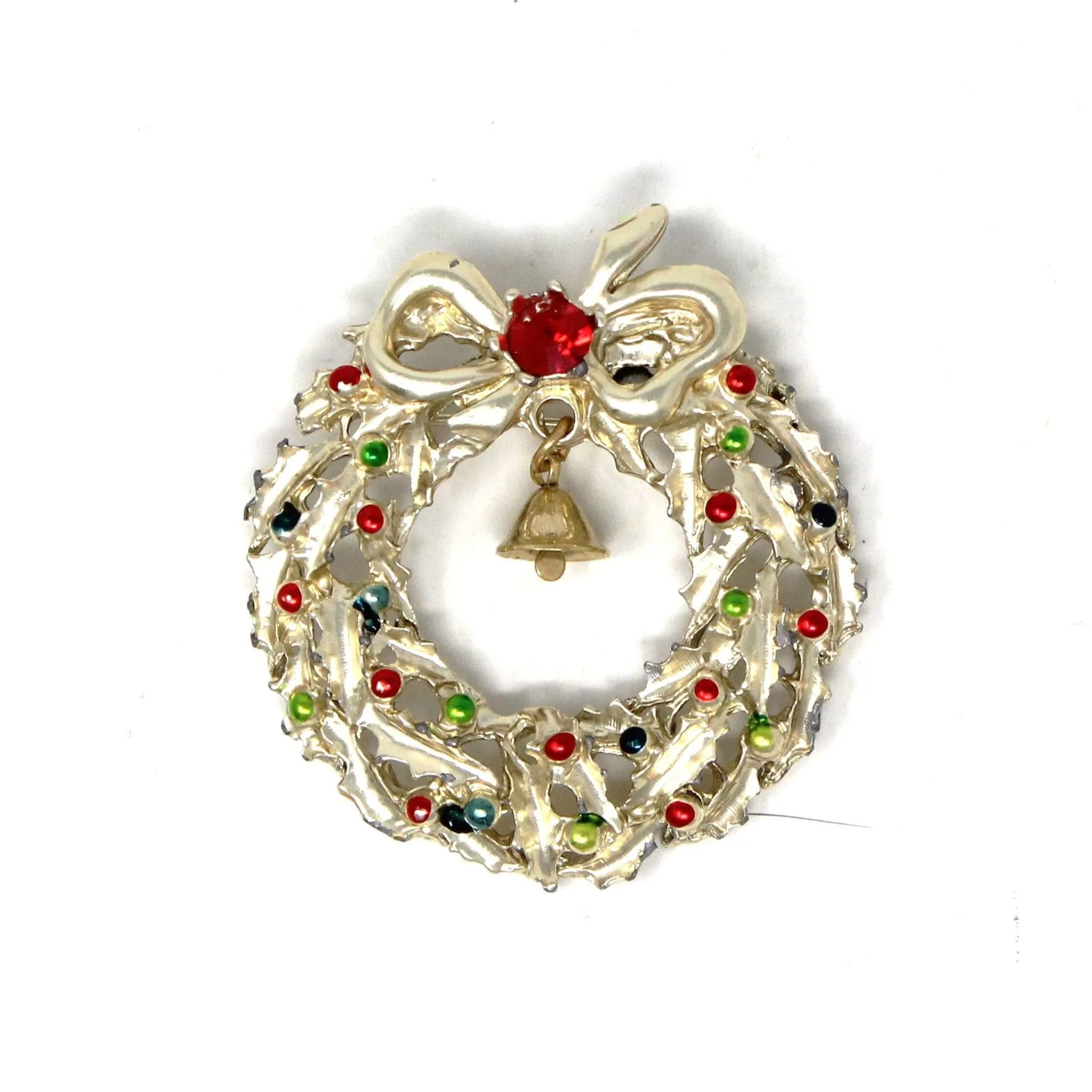 Brooch / Pin, Christmas Wreath with Bell, Red Rhinestone & Enamel, Gold Tone, Vintage