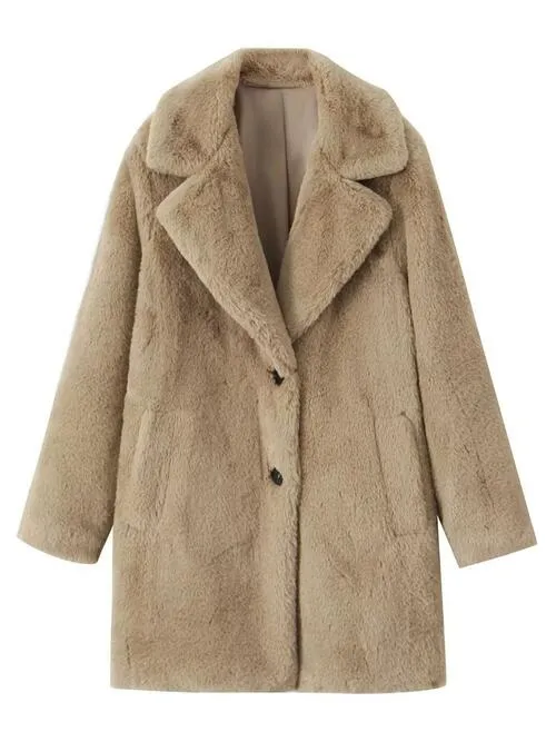 Faux Fur Button Up Lapel Neck Coat with Pocket