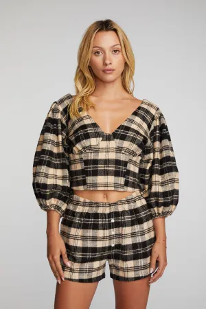 Flannel Puff Sleeve Cropped Blouse