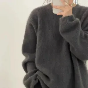 Getadme European goods autumn winter new round neck cashmere sweater female thick languid lazy wind dark gray sweater loose knit sweater