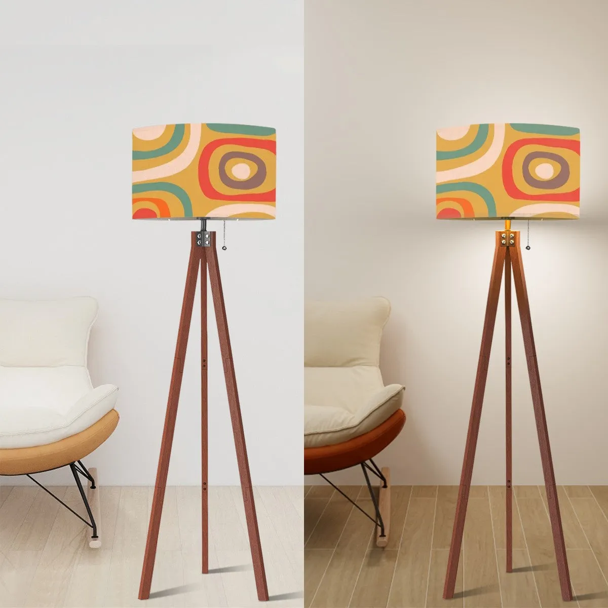 Mid Century Modern Geometric Green, Teal, Orange Mod Tripod Floor Lamp