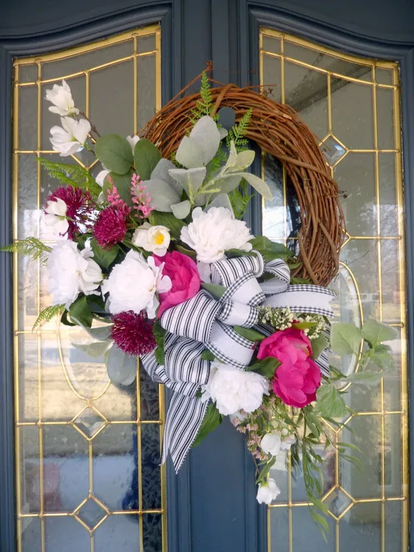 Peony Wreath for Spring, Fuchsia and Pink Front door decor