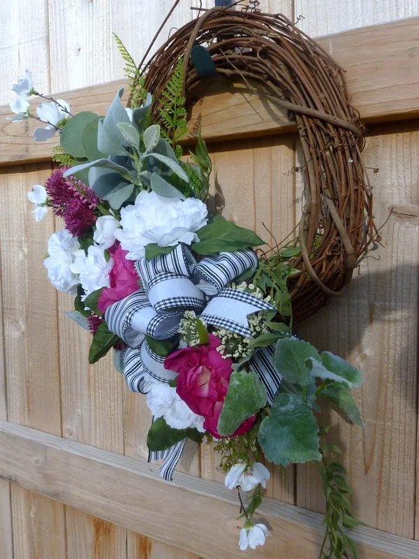 Peony Wreath for Spring, Fuchsia and Pink Front door decor