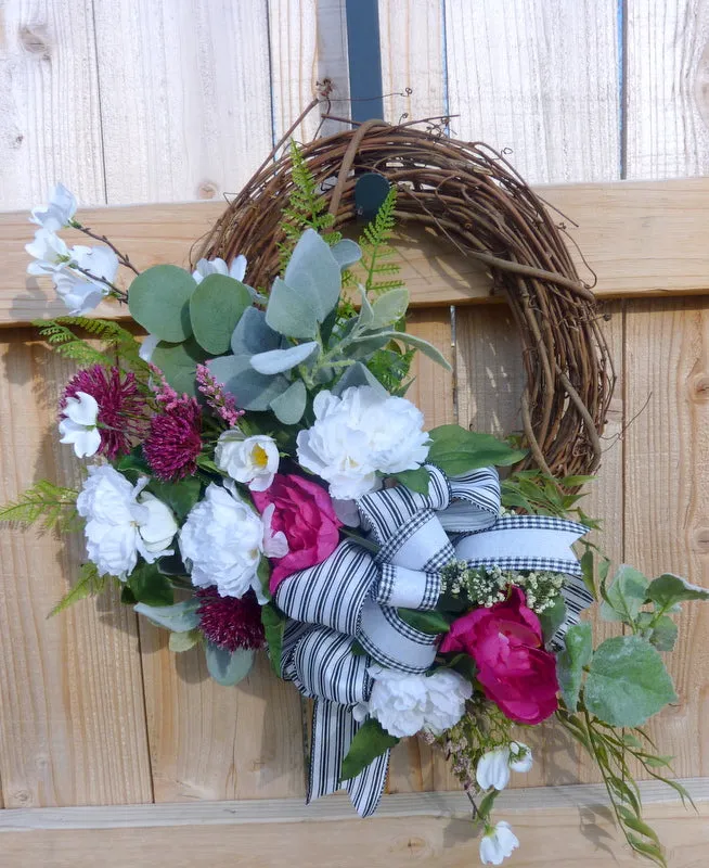 Peony Wreath for Spring, Fuchsia and Pink Front door decor