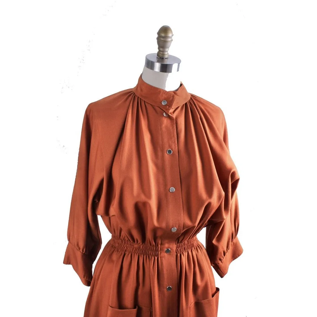 Vintage 1970s Vuokko Designer Cinnamon Wool Voile Shirt Dress Coat M