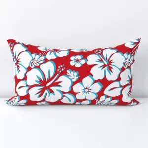 White and Aqua Blue Hawaiian Flowers on Red Lumbar Throw Pillow