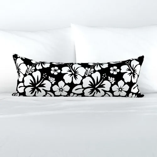 White and Black Hawaiian Flowers Extra Long Lumbar Throw Pillow