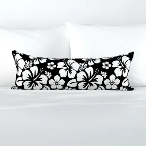 White and Black Hawaiian Flowers Extra Long Lumbar Throw Pillow