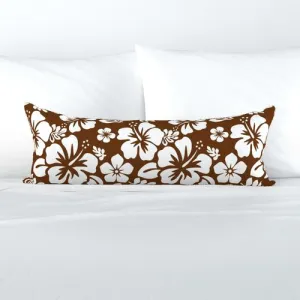 White and Brown Hawaiian Flowers Extra Long Lumbar Throw Pillow